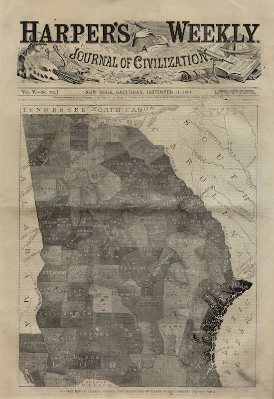 "A Chart Map of Georgia, Showing the Percentage of Slaves in Each County" is a wood engraving on paper from Harper's Weekly