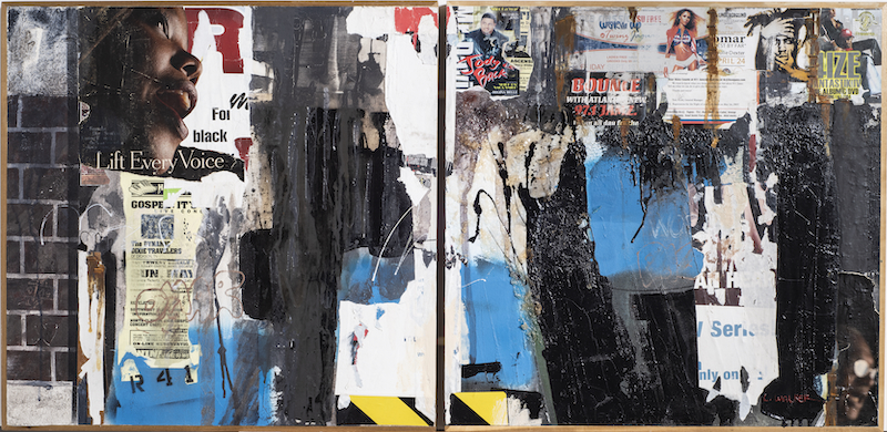 Larry Walker's mixed media work "Lift Every Voice" combines black and blue paint with images from magazines