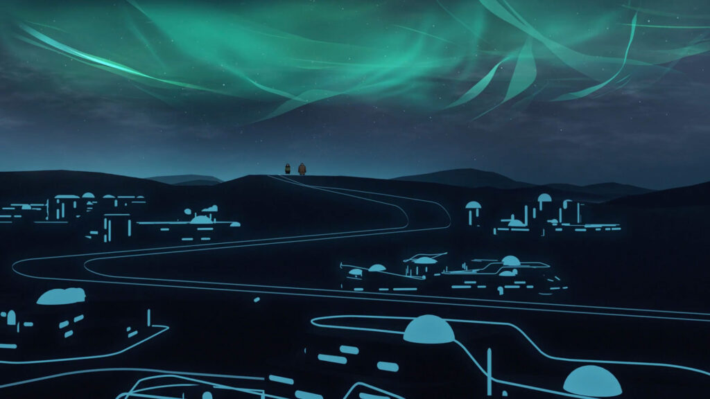 A screenshot from asinnajaq's film "Three Thousand" that shows an animated sequence featuring a fictional, futuristic Inuit village seen at night, with the Northern Lights above.