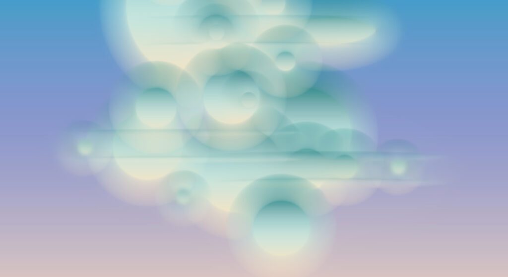 What appears to be a photorealistic painting of a blurry, computer-generated cloud. The cloud consists of circles in various shades of teal, and the sky behind fades from purple at the top to orange at the bottom.