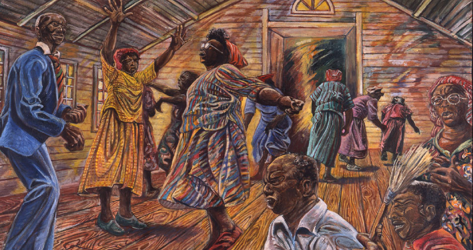 A detail of Art Rosenbaum's painting "McIntosh County Shouters," which shows the Gullah folk music group in the middle of a ring shout