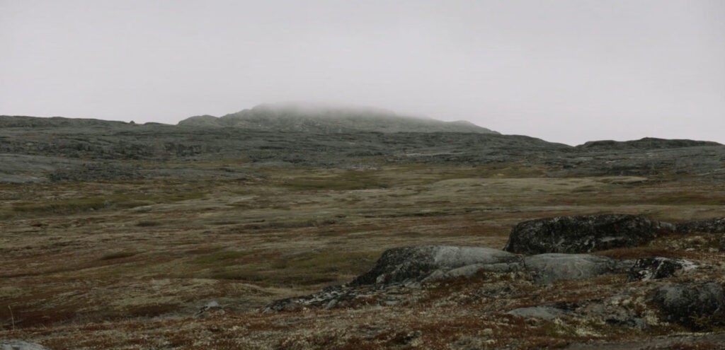 A screenshot from asinnajaq's film "Three Thousand" that shows a hazy, empty, mossy landscape.