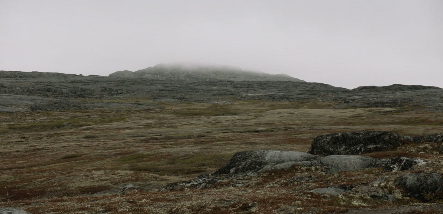 A screenshot from asinnajaq's film "Three Thousand" that shows a hazy, empty, mossy landscape.