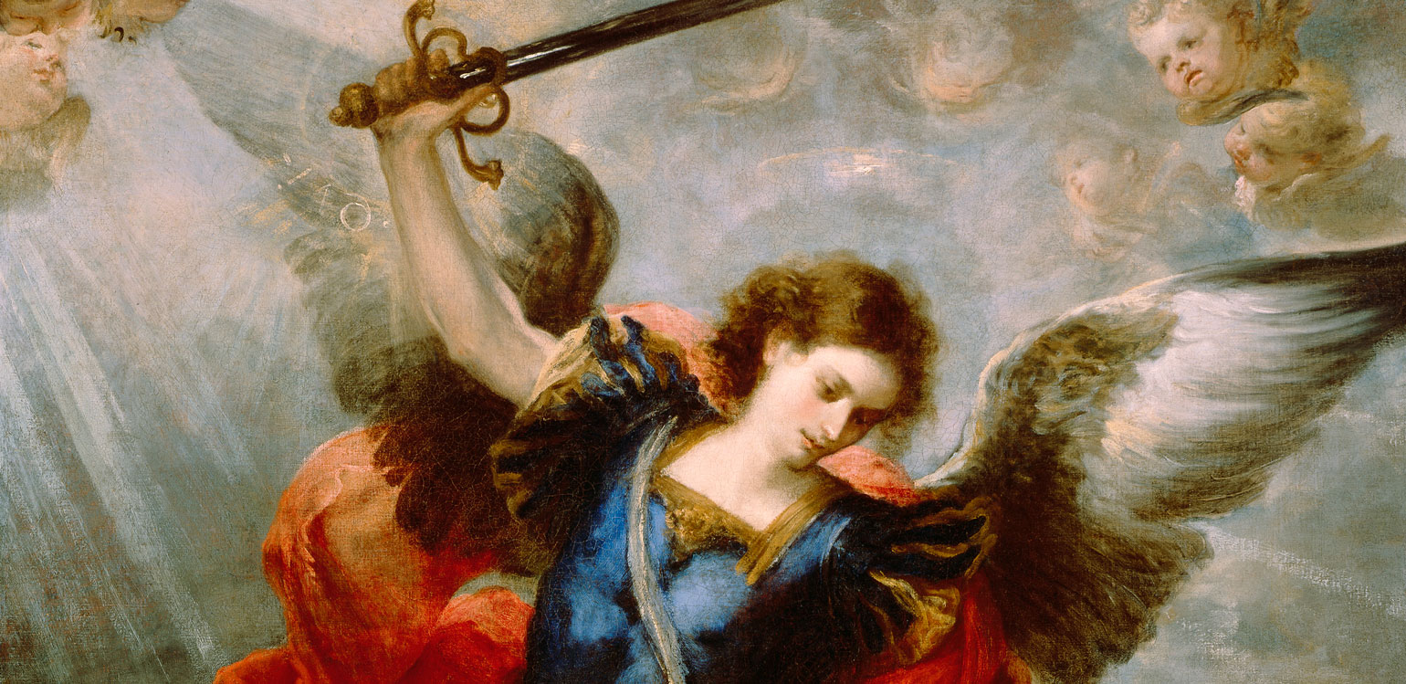 A detail of José Antolínez's painting “Saint Michael the Archangel Overcoming Satan,” from the collection of Bob Jones University Museum & Gallery, Greenville, SC. The image shows Michael, his wings spread wide, raising a sword to strike.