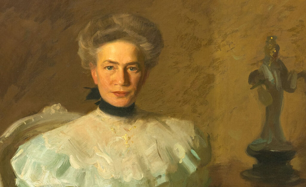 Detail of a portrait of a woman by Louis Betts with a John Singer Sargent vibe.