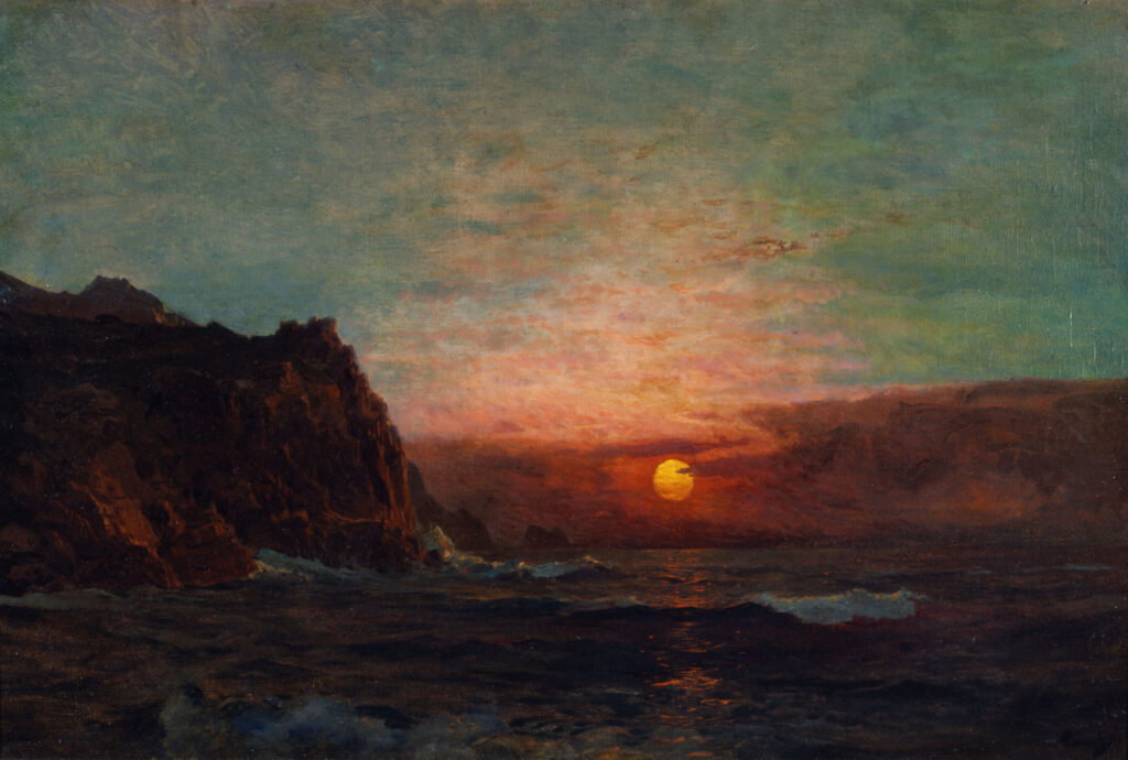 A horizontal oil painting by Frederick Waugh titled "Sunset on Cornwall Cliffs." It shows the sun sinking below the horizon, lighting up the sky one last time.