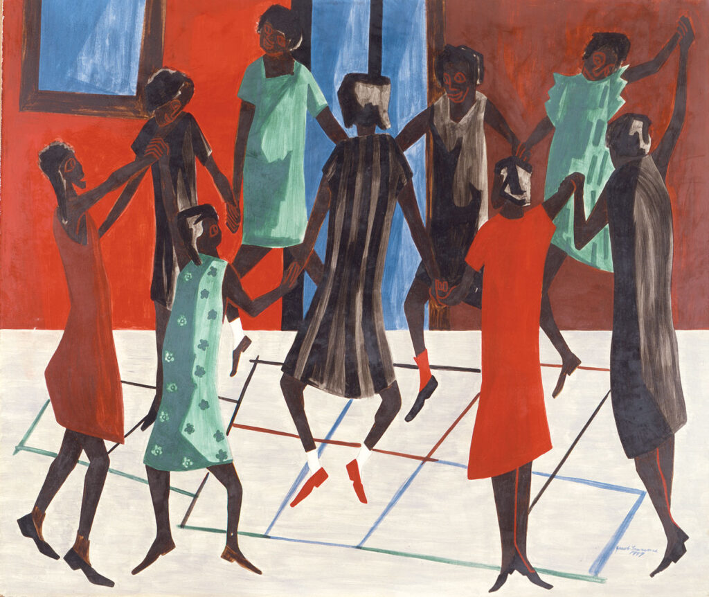 Jacob Lawrence's painting "Children at Play," which shows a group of simplified Black girls in red, green and black dresses holding hands in a ring as they play a game on the sidewalk.