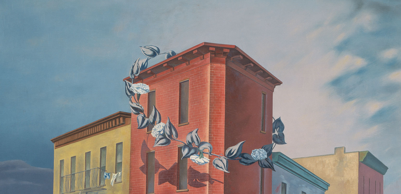 A detail of O. Louis Guglielmi's painting "Tenements," one of several similar works he made. Adjoining apartment buildings rise against the sky, one with a black-and-white wreath hanging off it at a diagonal.