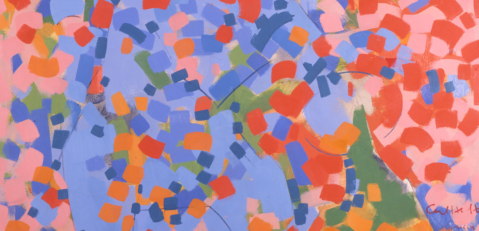 A detail of Carl Holty's painting "Two Bathers," an abstracted view of two figures in blue on a pink background, both made up of and obscured by a sea of rectangular shapes in warm and cool colors