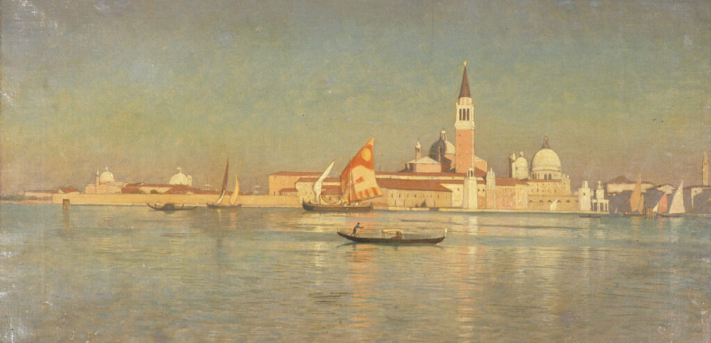 An oil painting of Venice by William Stanley Haseltine, with boats in the foreground and the city in the background
