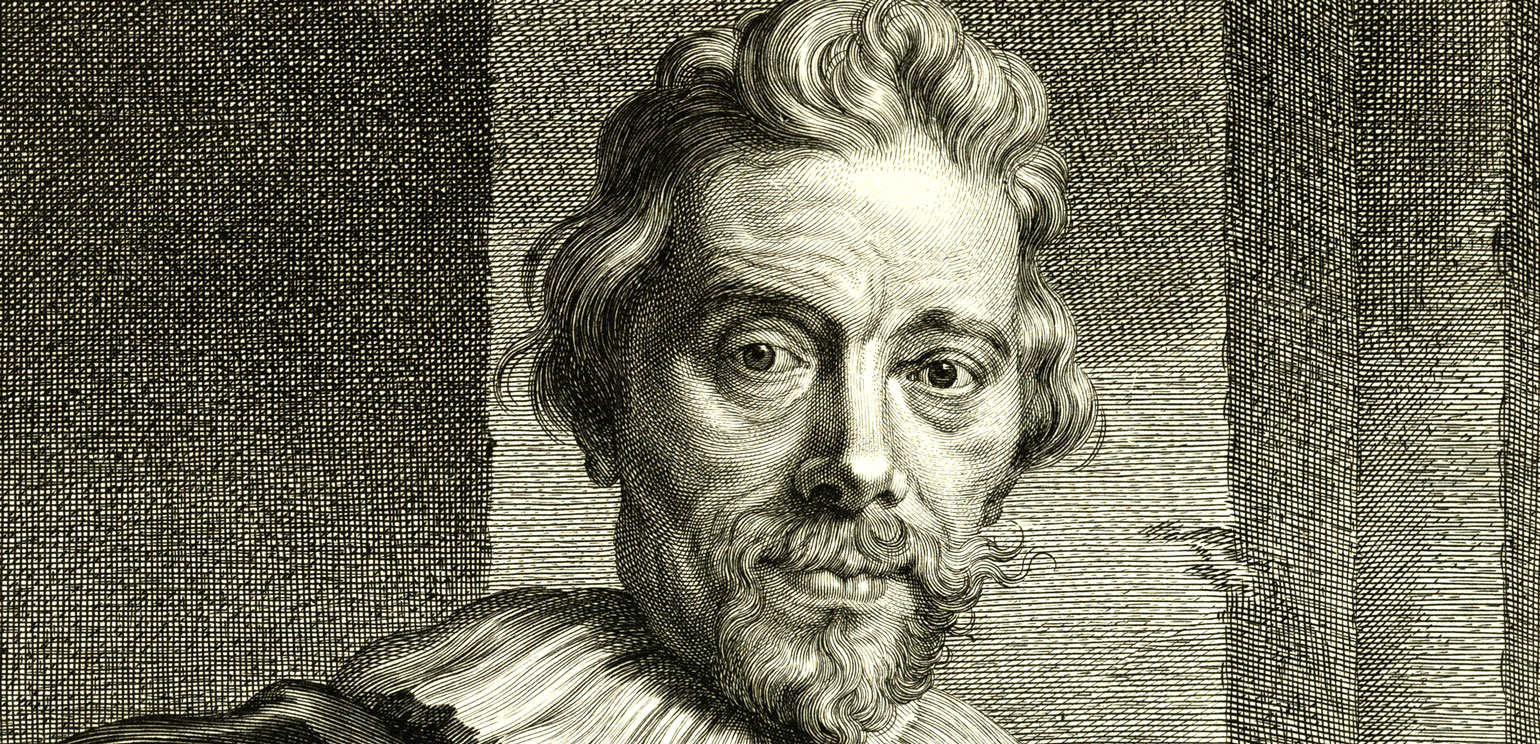 A detail of a portrait print by Bolswert after Van Dyck; a bearded man with light hair that becomes a kind of pompadour on his head stares right at us.