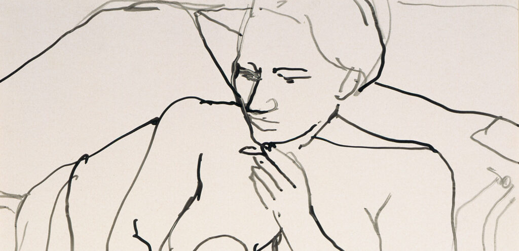 Detail of a simple ink drawing by Richard Diebenkorn of a nude woman, who holds her left hand to her chin.