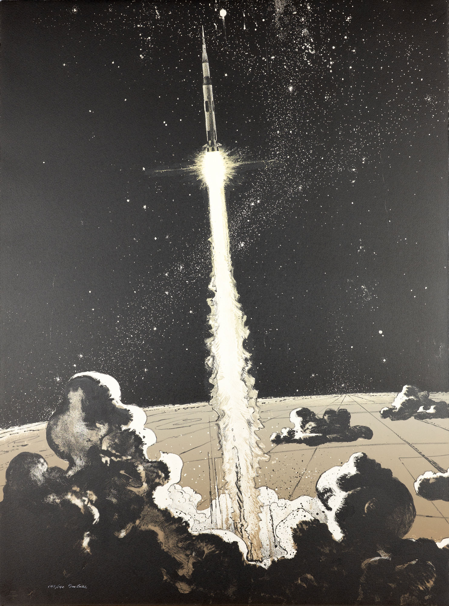 Robert T. McCall's lithograph "Launch" from his series of prints "The Apollo Story." It shows a rocket taking off, blasting away from the Earth leaving a cloud of smoke behind it, all in shades of black.
