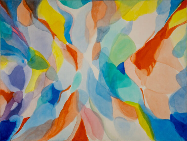 Alice Baber's abstract painting "Sound of the Red Dance." This horizontal work features blobby, colorful shapes made with thin layers of oil paint that look like watercolor in the way they overlap one another. They seem to radiate out from a central point.