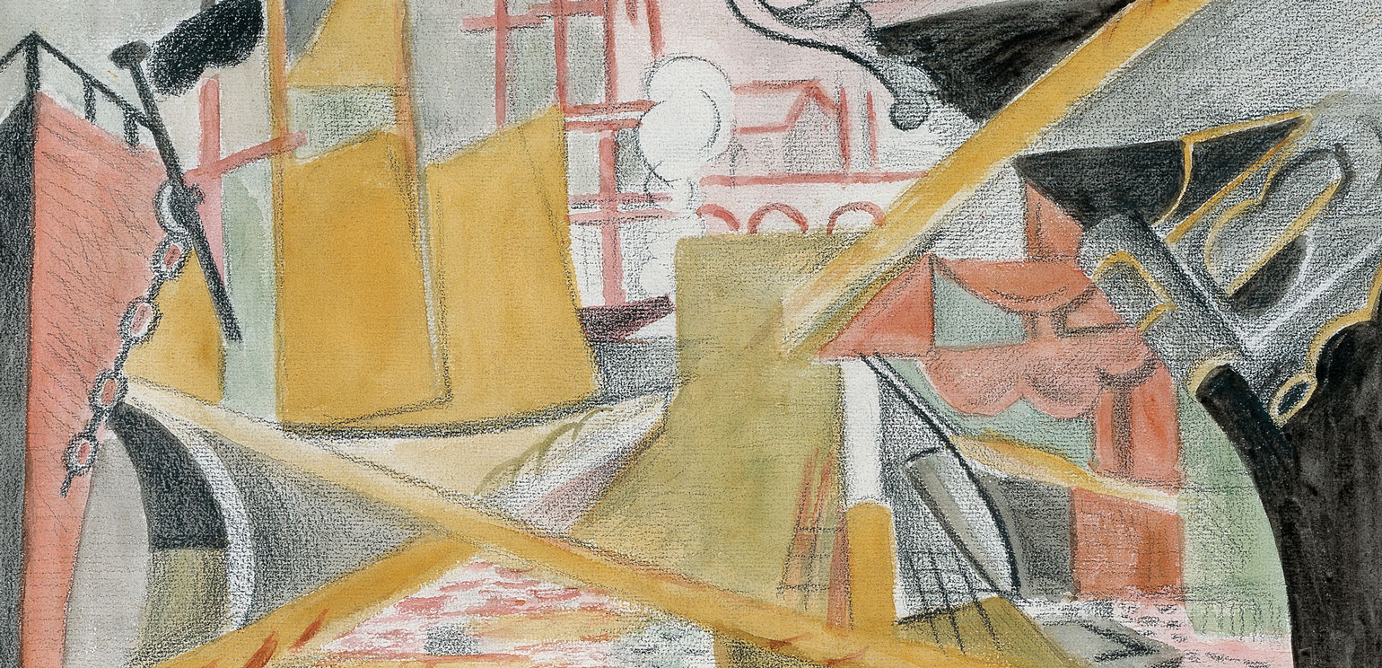 A detail of a drawing by Andre Lhote that may incorporate watercolor as well. Abstracted into parts, it calls to mind a harbor scene, with sails, ropes and a puff of smoke.