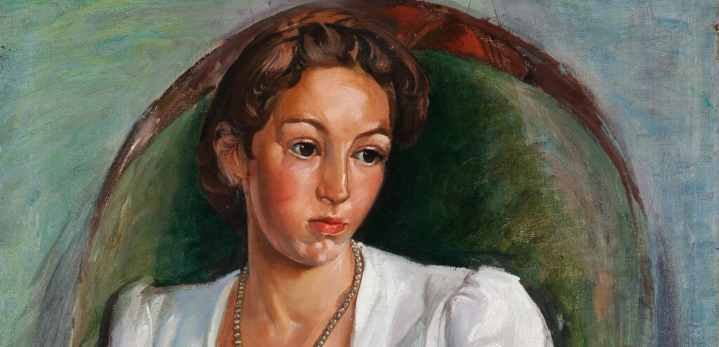 Detail of a painting by Pierre Daura of his daughter Martha as a young adult. She sits in a green-upholstered chair and wears a white dress.