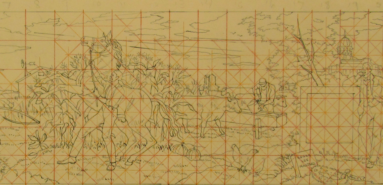 A mural study by Edward Laning that shows a man holding a rearing horse, a man feeding cows and a man leaning his elbow on a large blank sign with a capitol building in the background, all squared for transfer to a larger surface