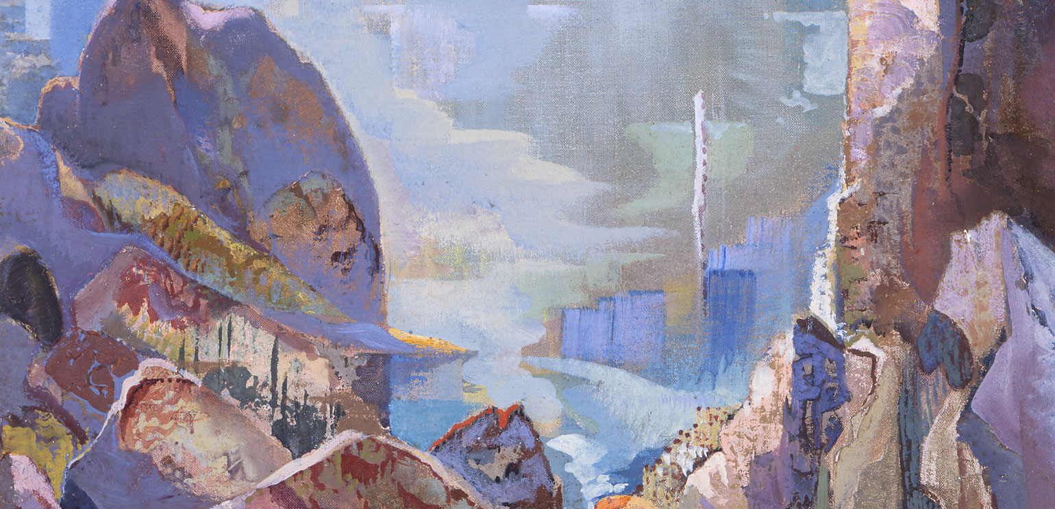 A detail of Will Henry Stevens' untitled painting of a mountain landscape, with tall rocks appearing out of the clouds, rendered in shades of blue, gray, purple and touches of green.