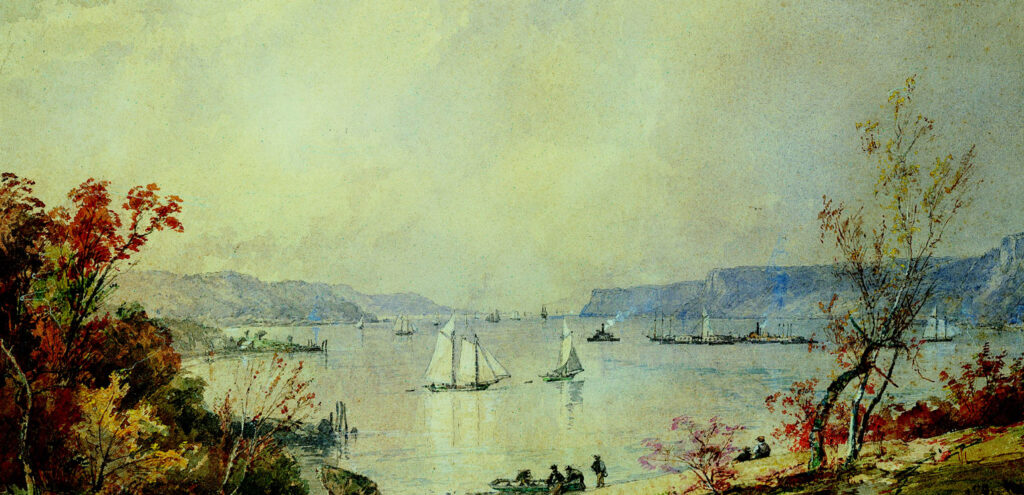 A detail of Jasper Francis Cropsey's watercolor painting "The Palisades, Hudson River," which shows boats sailing on the river, framed by an autumn landscape.