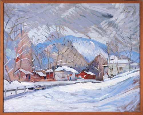 A painting by Pierre Daura that shows a snowy farm scene, with red buildings covered in white snow on their roofs.