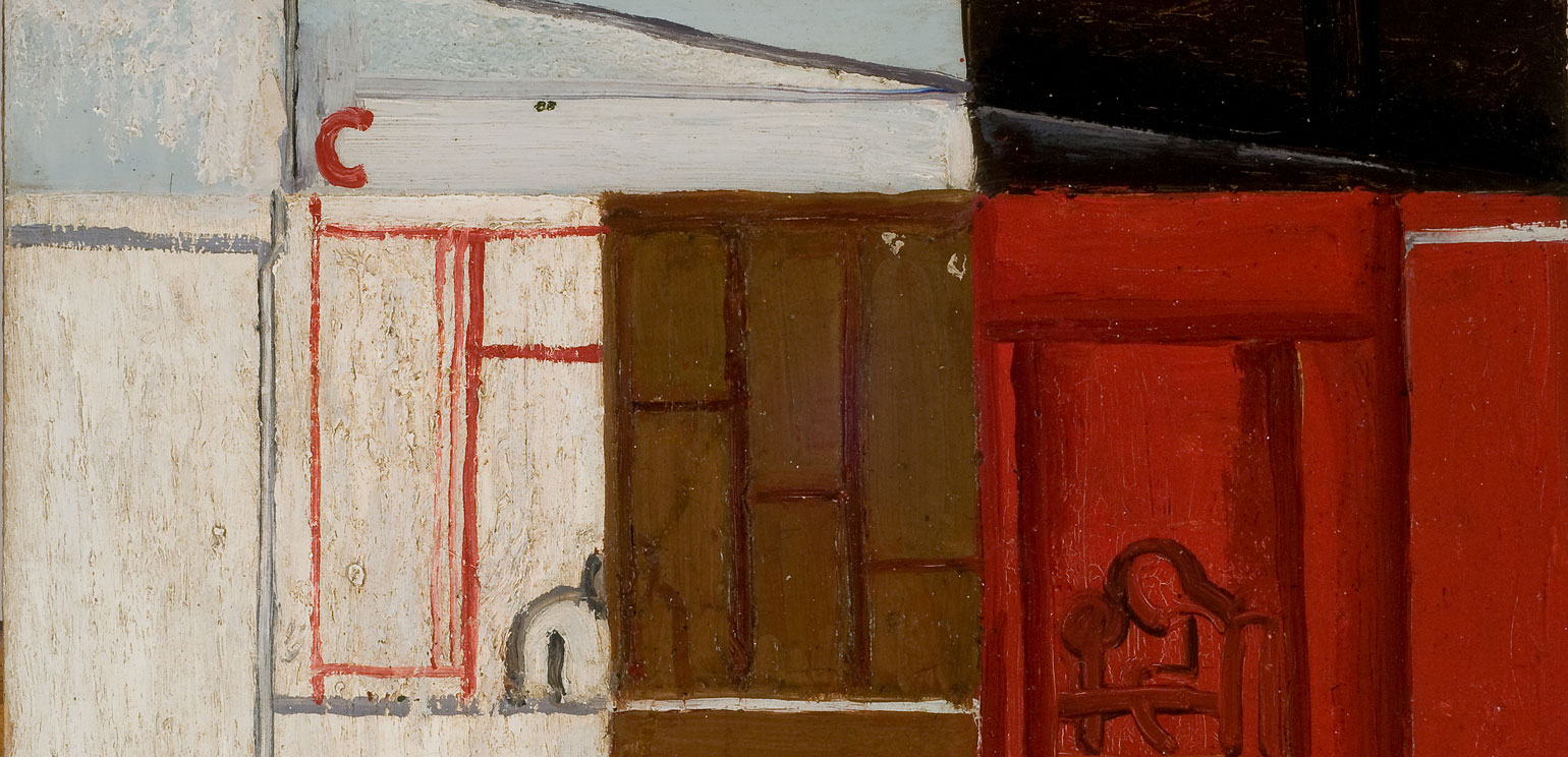 A detail of an abstracted street scene painting by Pierre Daura that seems to show several buildings side by side