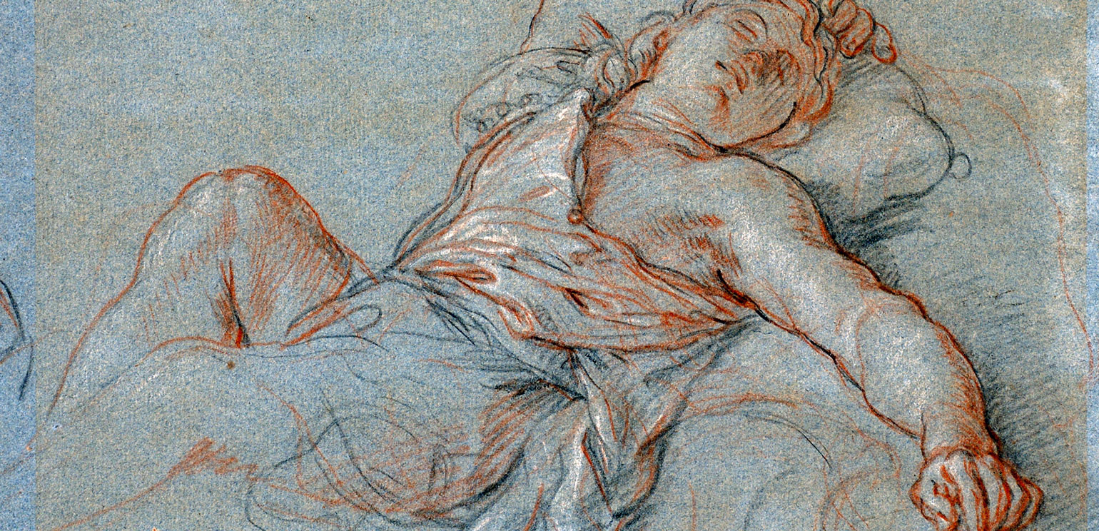 Detail of a drawing in red chalk, white chalk and blue pencil on blue paper of a person reclining, tangled in fabric