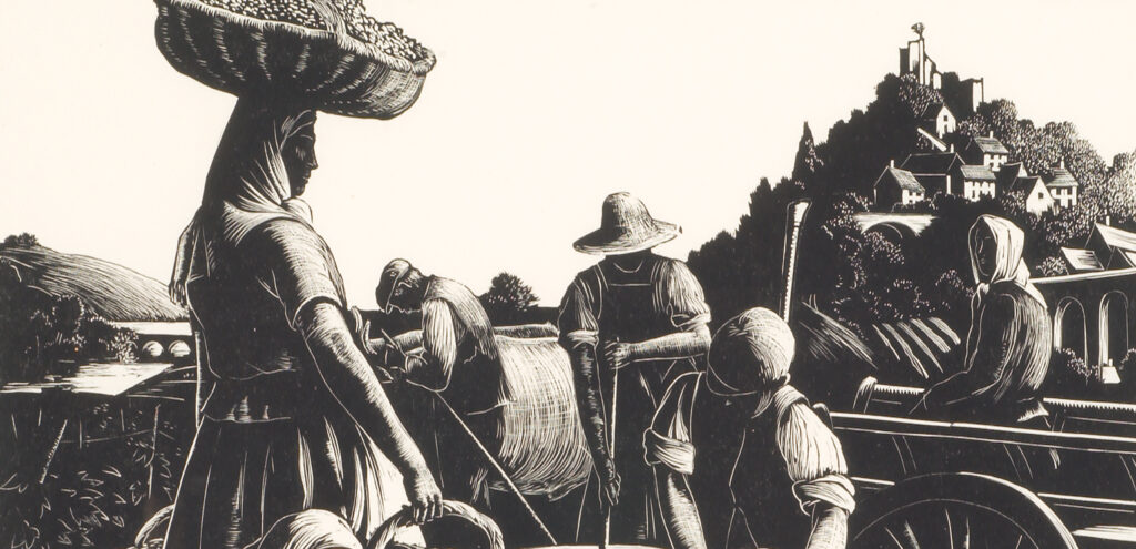 A detail from Clare Leighton's woodcut "Grape Harvesters," showing a group of people harvesting grapes, rendered in black and white