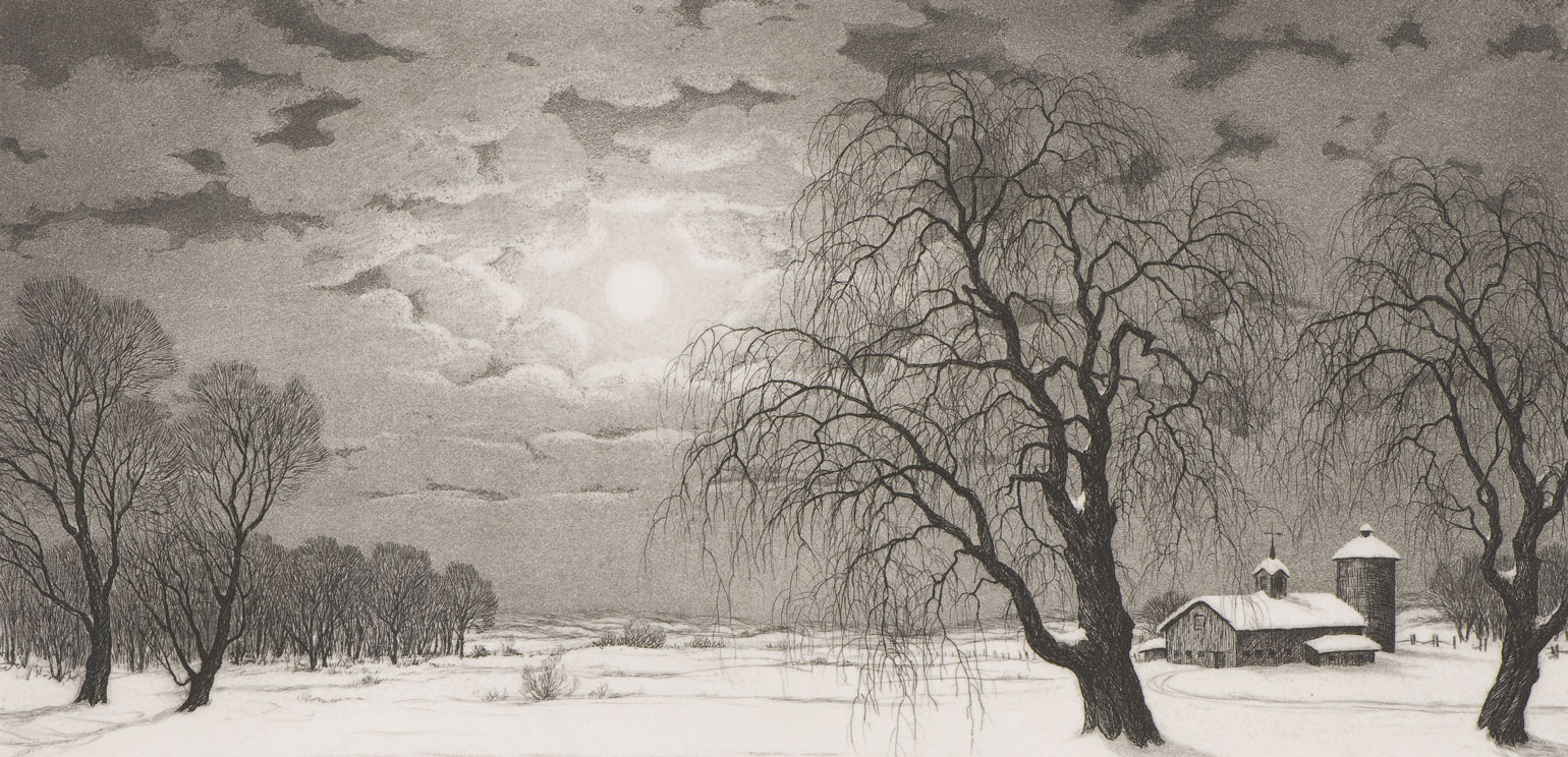 A detail of an etching by Ronau William Woiceske of a nighttime landscape, with trees and the moon breaking through the clouds