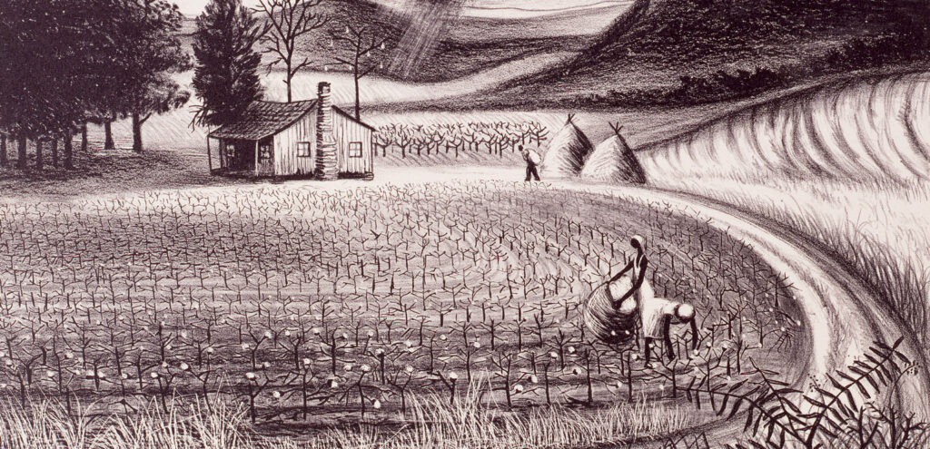 A detail of James Routh's black-and-white lithograph "Blue Ridge Farm," a view of a cotton field seen from far away, with Black laborers picking cotton and a small, rustic house in the background.