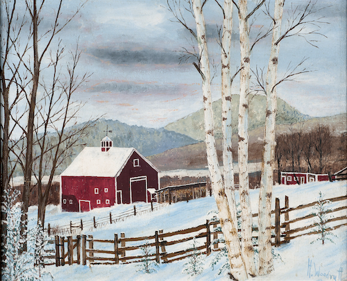 A painting by Hale Woodruff of a snowy landscape with a red barn. Some birch trees appears in the foreground, and a long fence runs around a snowy field.