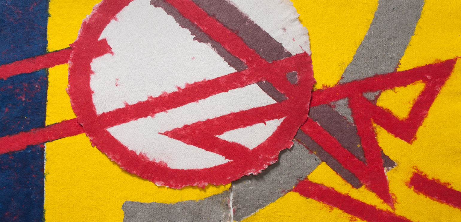 An untitled collage work of handmade paper by Clinton Hill. It features circular shape in the middle, outlined mostly in red and intersected by several triangular shapes, also outlined in red.