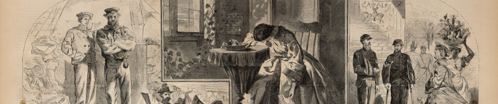 A detail of Winslow Homer's "Seeing the News," a print that shows how people gathered and received news in many different ways during the Civil War. At the lower left, an artist sketches soldiers. On the right, soldiers catch newspapers, including Harper’s Weekly, that fly from a train. Dominating the center of the image is a somber scene of a woman on the homefront, distraught from a tragic letter.