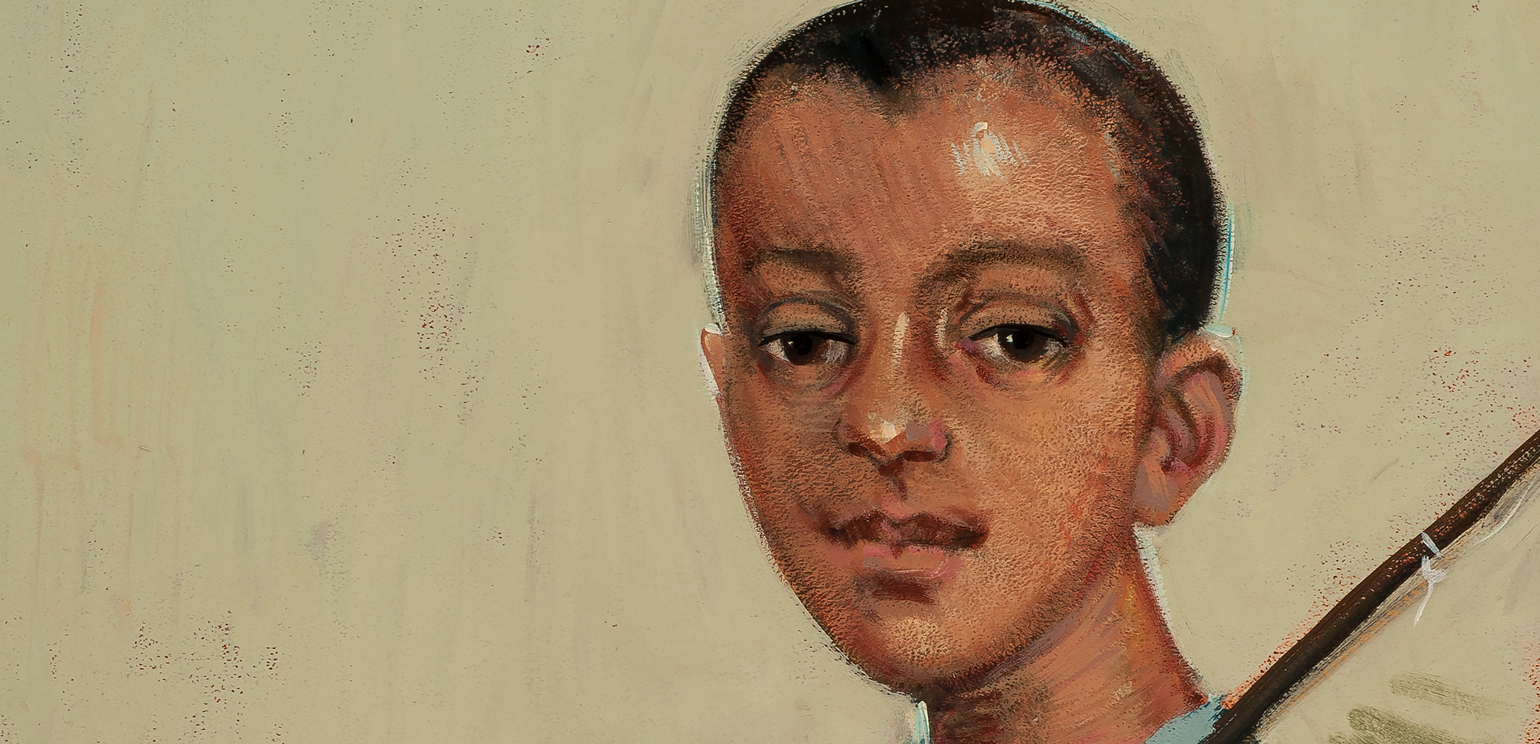 A detail of John Wesley Hardrick's painting "Going Fishing," from the museum's collection. Hardrick paints a young Black boy with a fishing rod over his camera, facing the viewer with a steady gaze.