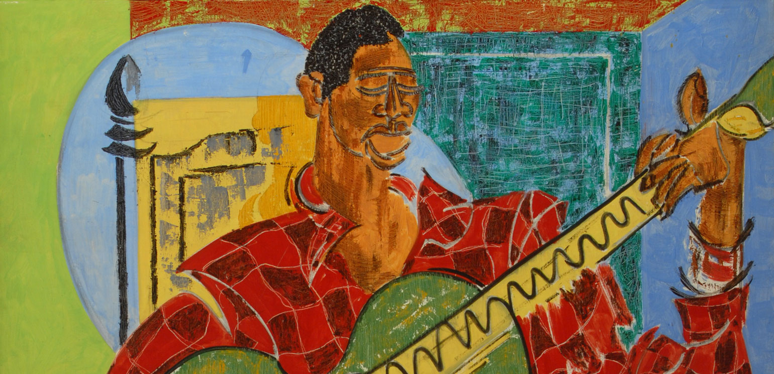 Detail of Hartwell Yeargans' painting "The Folk Singer," a colorful image showing a Black man in a red shirt playing a green and yellow guitar