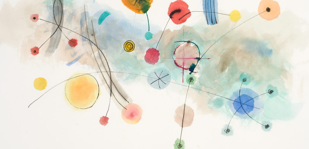Detail of an abstract watercolor on paper by Jay Robinson that shows a scattering of circular shapes in different colors, sometimes connected by faint dark lines, and a swath of blue in the background, suggesting constellations