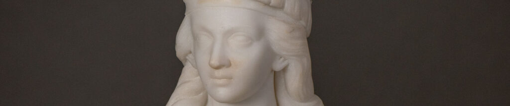 Edmonia Lewis' "Minnehaha," a small bust-length white marble sculpture of the bride of Hiawatha in Henry Wadsworth Longfellow's poem "The Song of Hiawatha"