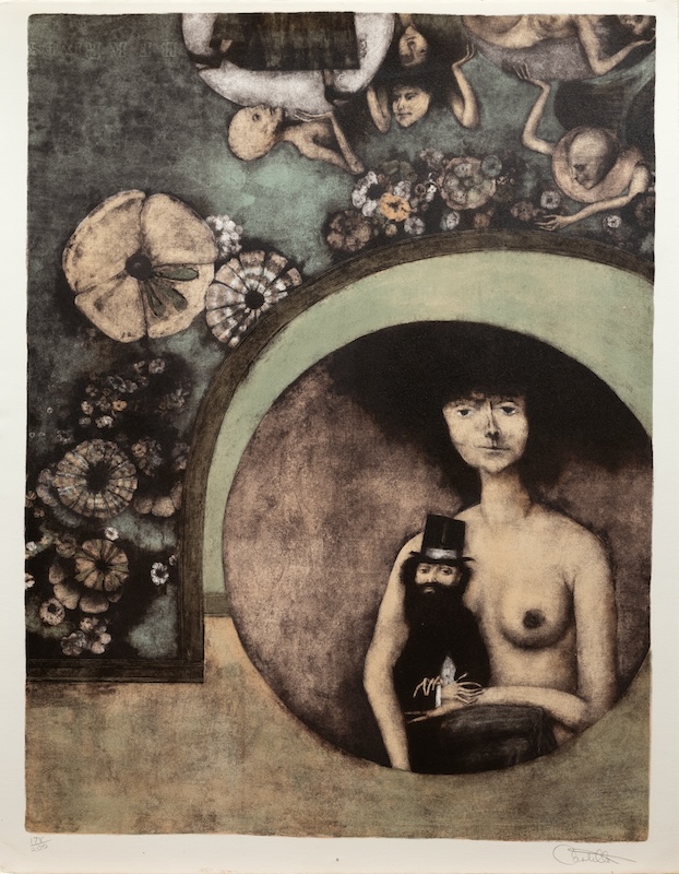 Surreal image of a unclothed woman holding a miniature man with a top hat