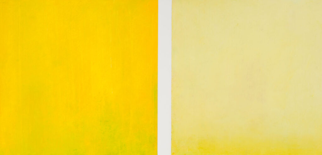 Detail of a painting by Daisy Craddock that shows two squares of slightly different yellows with a gap in between them.