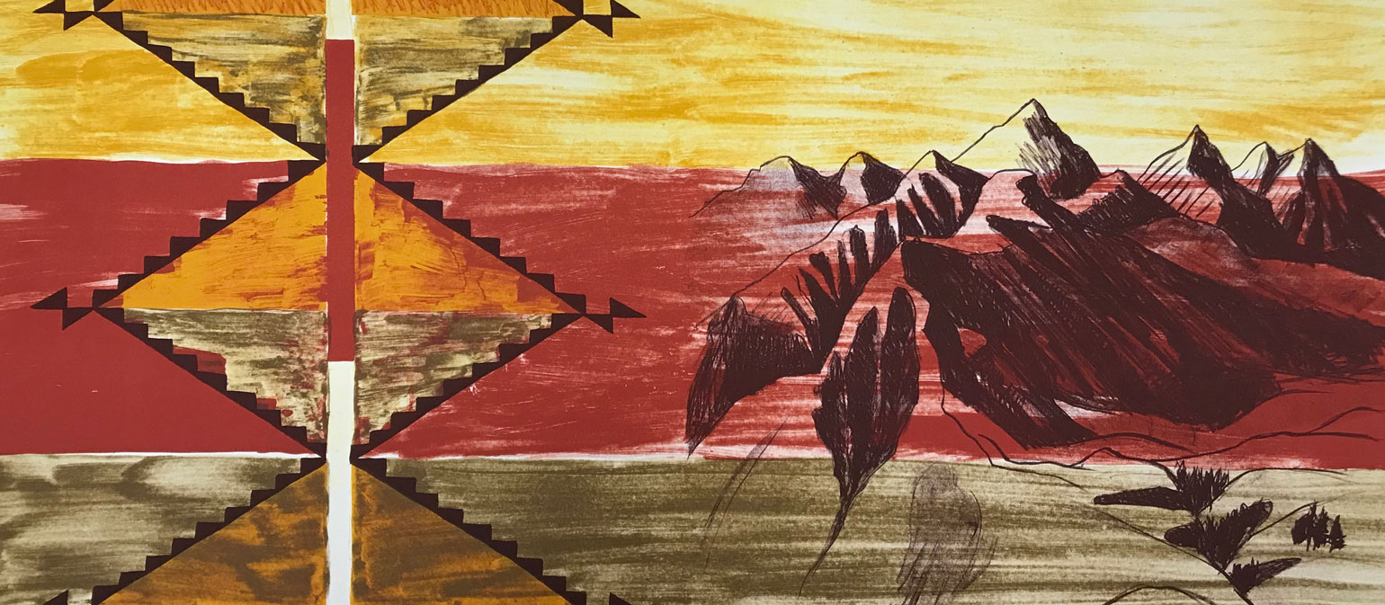 A detail of Kay WalkingStick's "Wallowa Memory," a print inspired by a painting the artist also made. The right side shows the mountains by the Wallowa Valley, where the Nez Perce lived. The left side shows a pattern of diamonds that are wider than they are tall, a Nez Perce design. Everything is red, yellow and black.