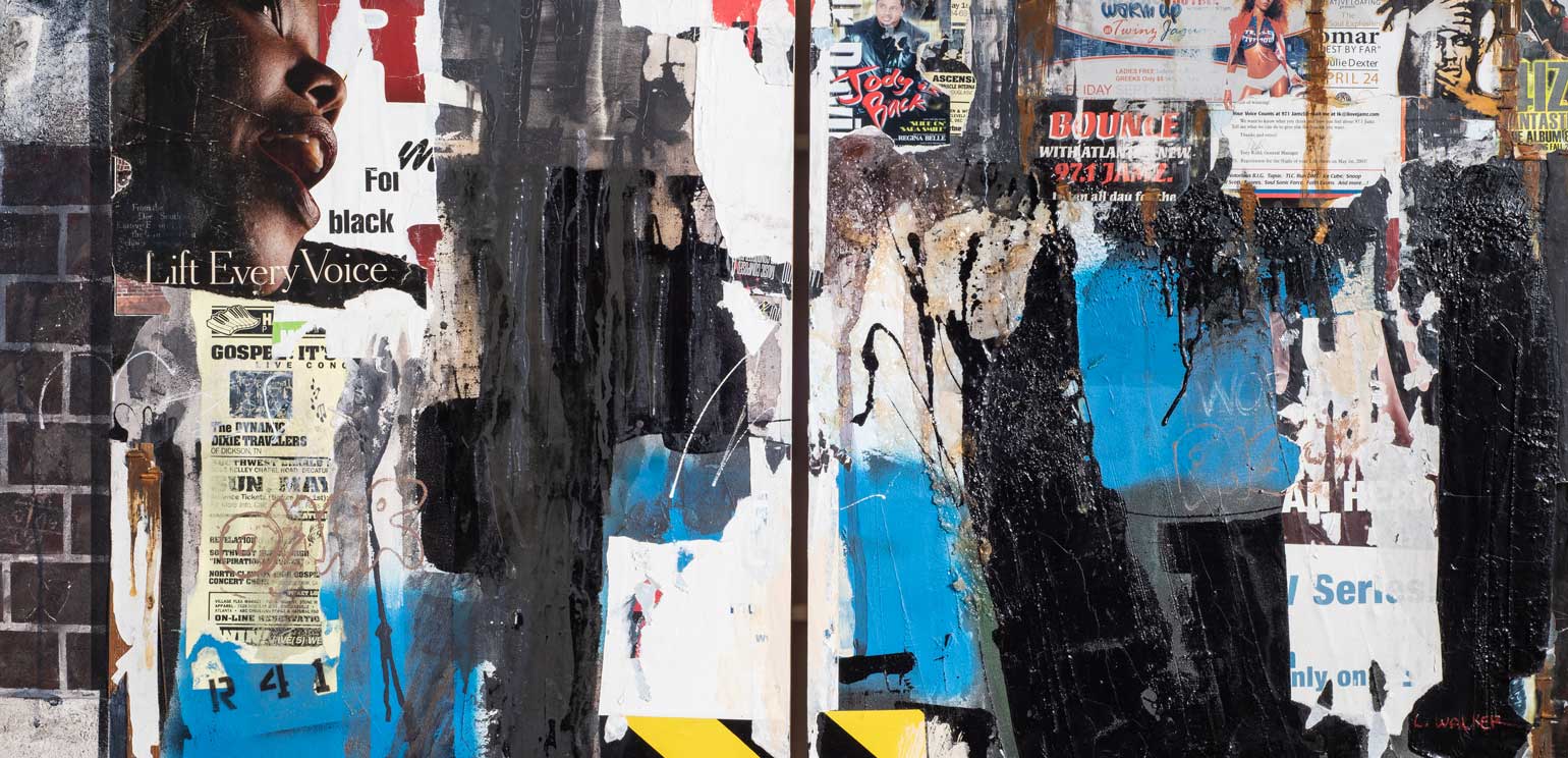 A detail of Larry Walker "Lift Every Voice," a multimedia two-panel work that resembles a wall layered with posters.