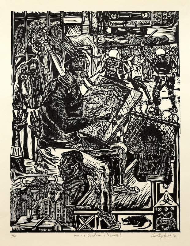 Portrait of Ronnie Goodman working on a linocut