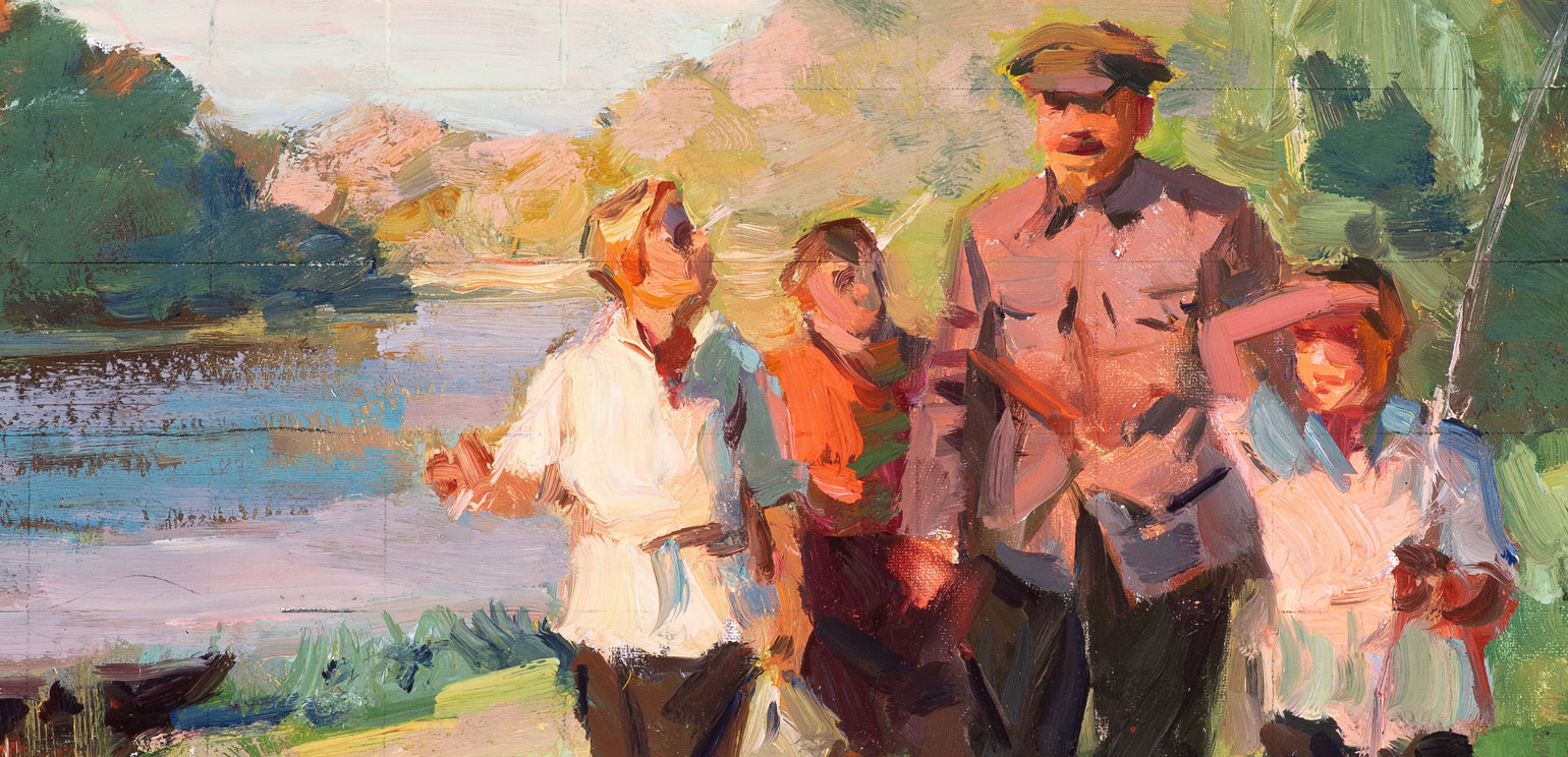 A detail of Vladimir Krikhatsky's painting "Lenin with Children," showing Vladimir Lenin cheerfully walking in a natural setting with three children.