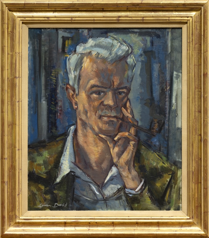 Self-portrait of Lamar Dodd smoking a pipe and resting his chin in his hand