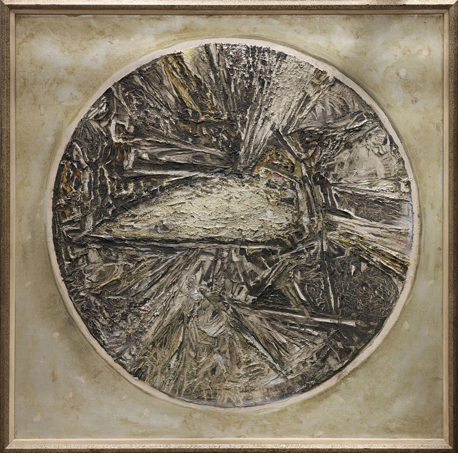 Lamar Dodd's painting "The Moon," a circular image framed in a square frame. The moon part is highly textured, and the image involves silver leaf as well as oil paint.