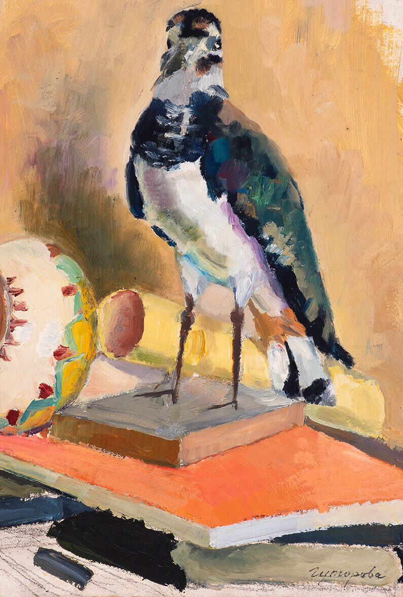 A detail of a still-life painting by Elena Gutorova that shows a stuffed bird with spindly legs standing on a stack of three books.
