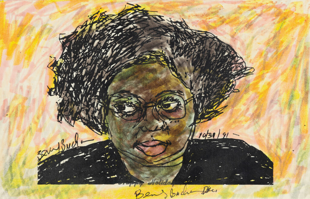 A self-portrait of Beverly Buchanan, made from a digital print colored with marker. She's seen from the shoulders up, against a yellow background.