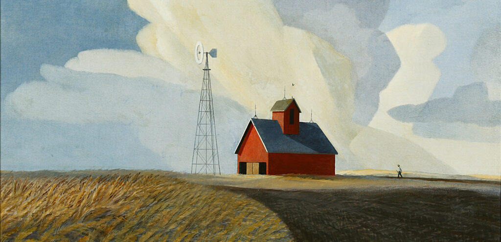 A detail of Dale Nichols' painting "Platte Valley Summer," which shows a red barn silhouetted from far away against a big blue sky mostly covered with lovely, puffy clouds.