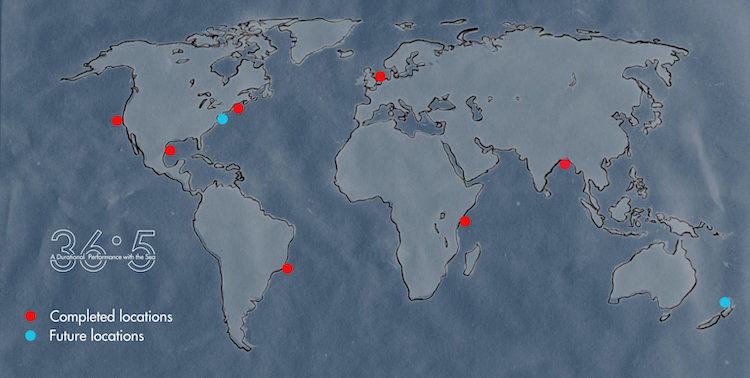 A map of the world with red dots that show where Sarah Cameron Sunde has completed 36.5 degrees performances: off the West Coast of the U.S., near Nova Scotia, in the Gulf of Mexico, off the East Coast of South America near Brazil, in the North Sea, off the east coast of Africa near Kenya, in the Bay of Bengal between India and China. Blue dots show the location of future performances: off the northeast coast of the U.S., near New Zealand.