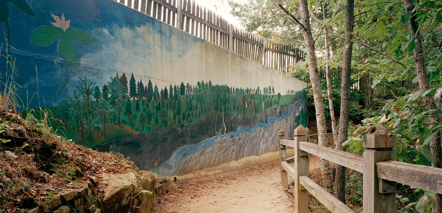A detail of a photograph by Caitlin Peterson of the area around Tallulah Falls Gorge. It shows a wooden fence, a path, and a wall painted with an image of the gorge area.