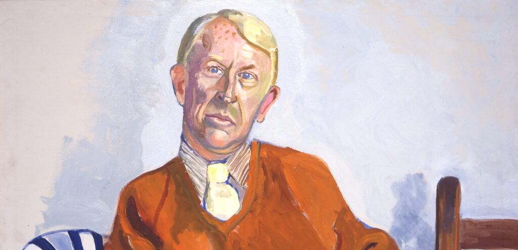 A detail of Alice Neel's portrait of Bill Paul, at the time the director of the Georgia Museum of Art. You can just see the striped chair that he's sitting in peeking out over the edge of the crop. He wears an orange v-neck sweater over a dress shirt and a yellowish-white tie.